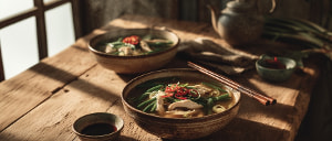 Ingwerbrühe mit Huhn und grünen Bohnen